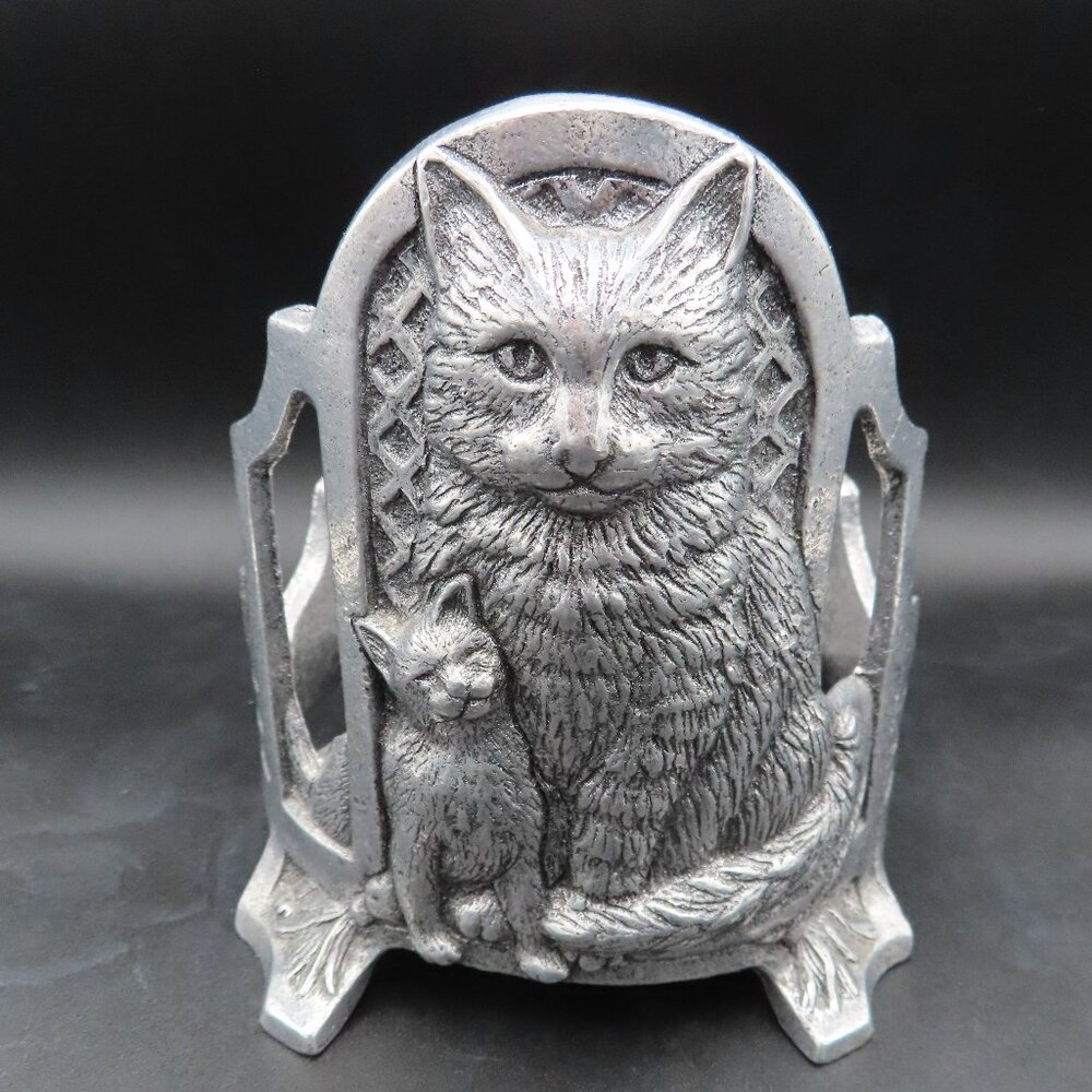 Vintage 1998 Cat & Kitten Candle Holder / Pewter Jar Large Footed Collectible